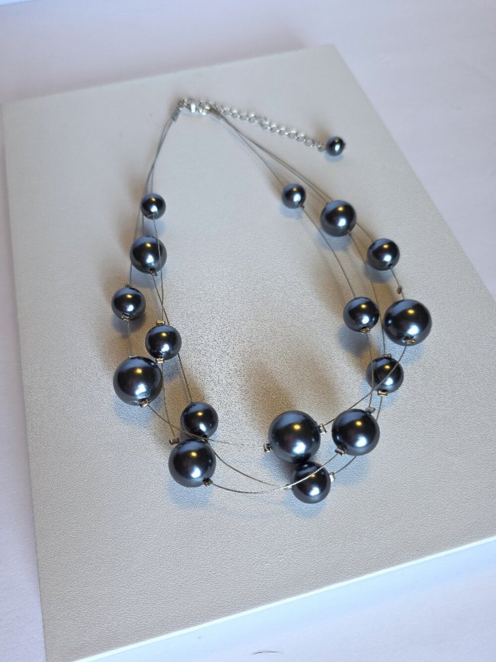 Gray Floating Faux Pearl Necklace Silver Tone Multi Strand 16-19" Statement